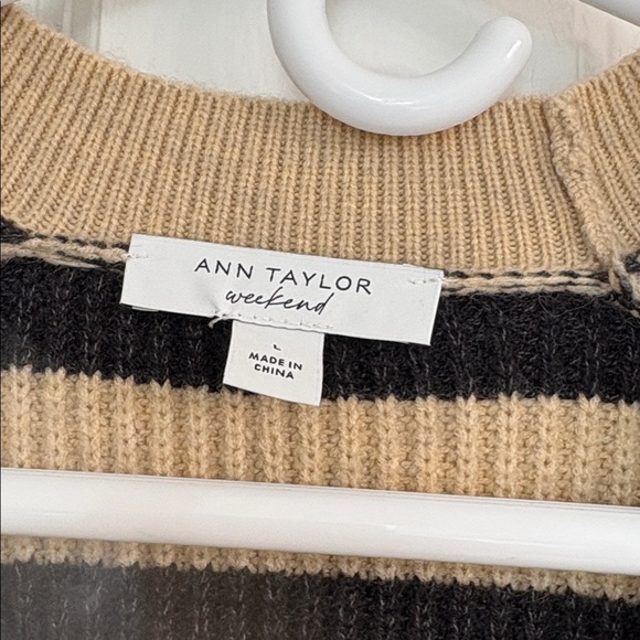 Ann Taylor Weekend Trendy Striped Beige and Charcoal Cardigan Sweater - Picture 2 of 10